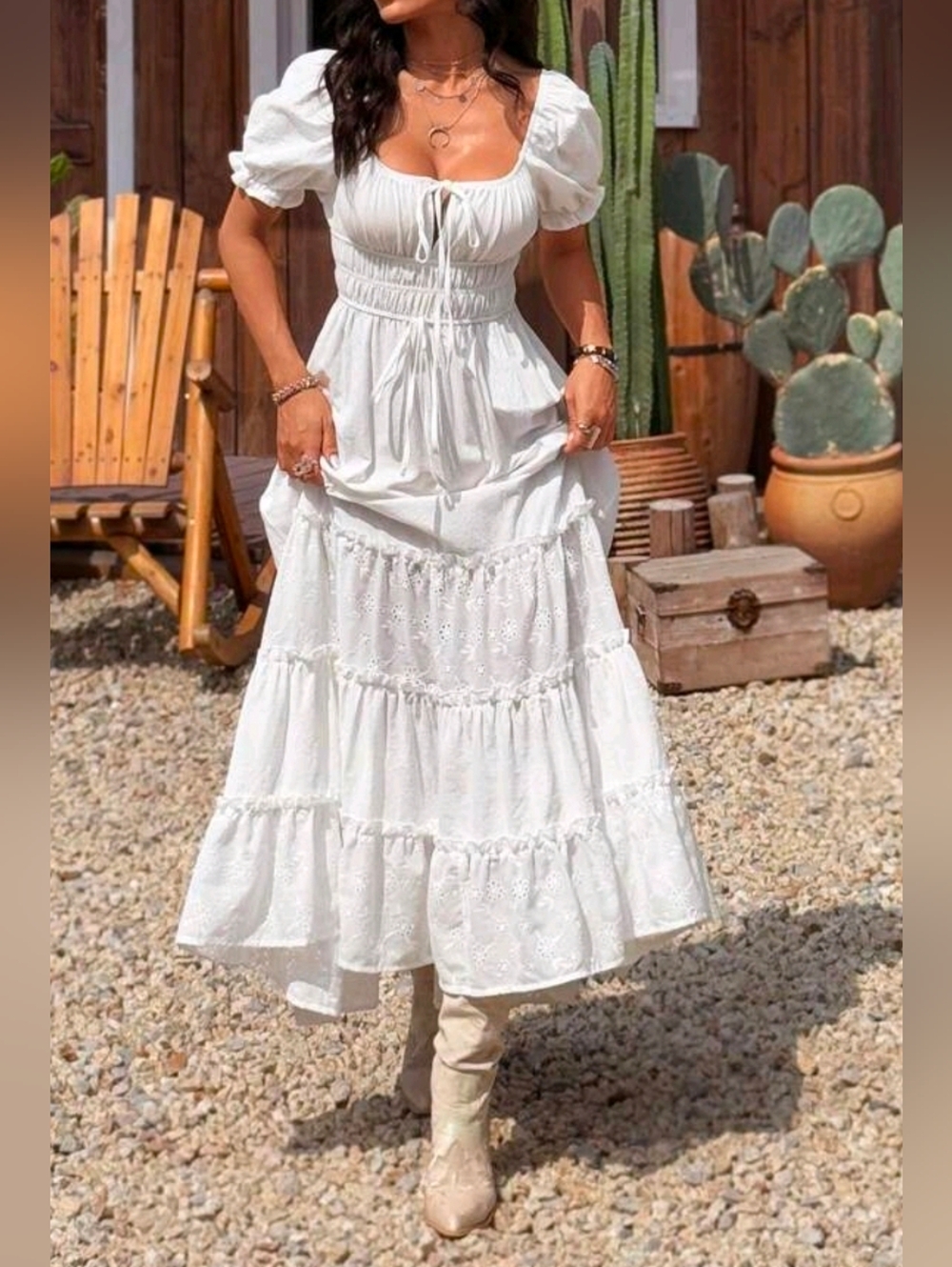 New Boho Embroidered Eyelet Lace Ruched Tie Top Tiered Ruffle Maxi Dress White